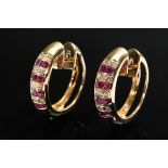 Pair of yellow gold 585 hoop earrings with 16 ruby carrés and 24 brilliant-cut diamonds (total appr