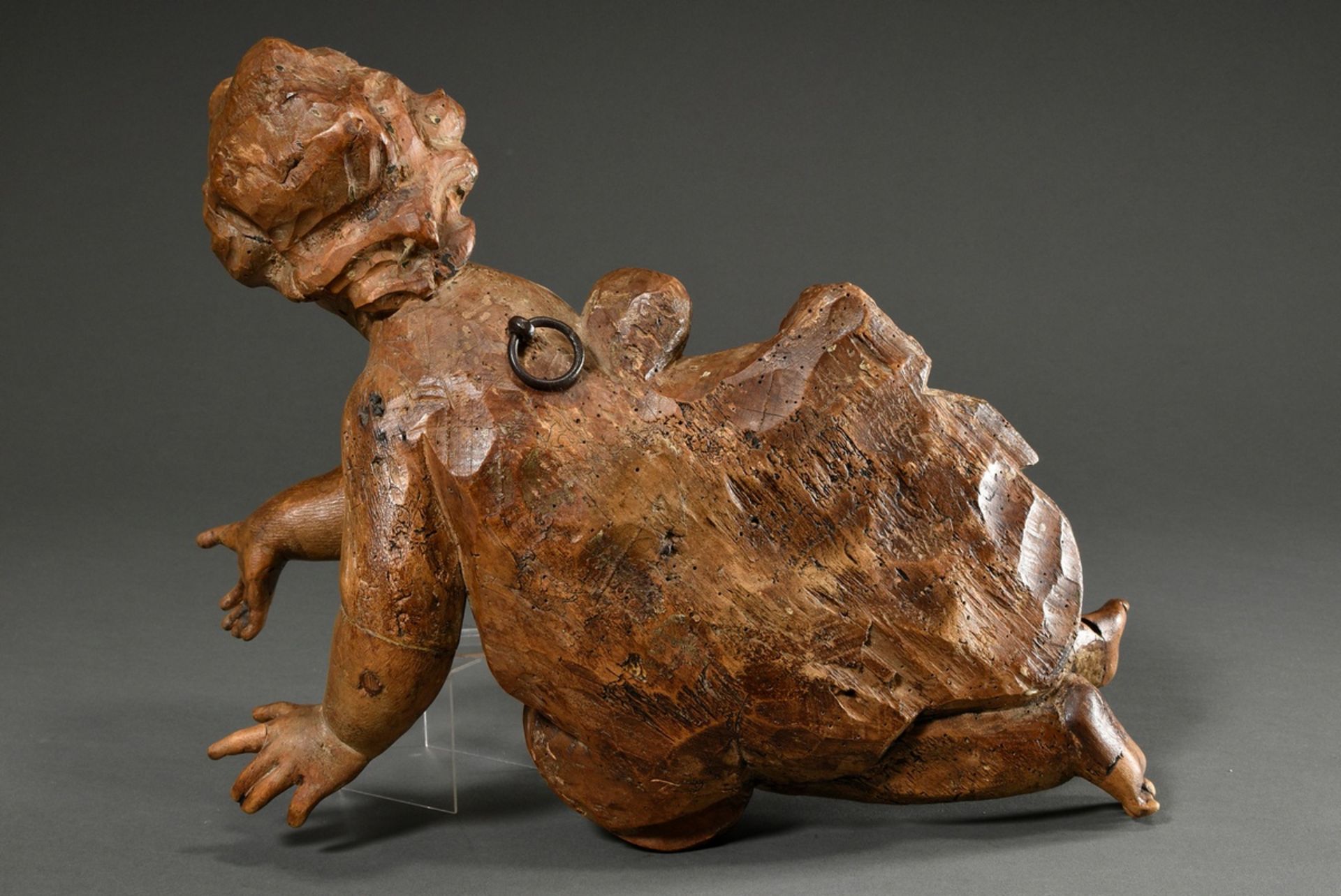 Barock Putto, Lindenholz ungefasst, H. 53cm, alte Wurmgänge, ergänzt - Bild 6 aus 12