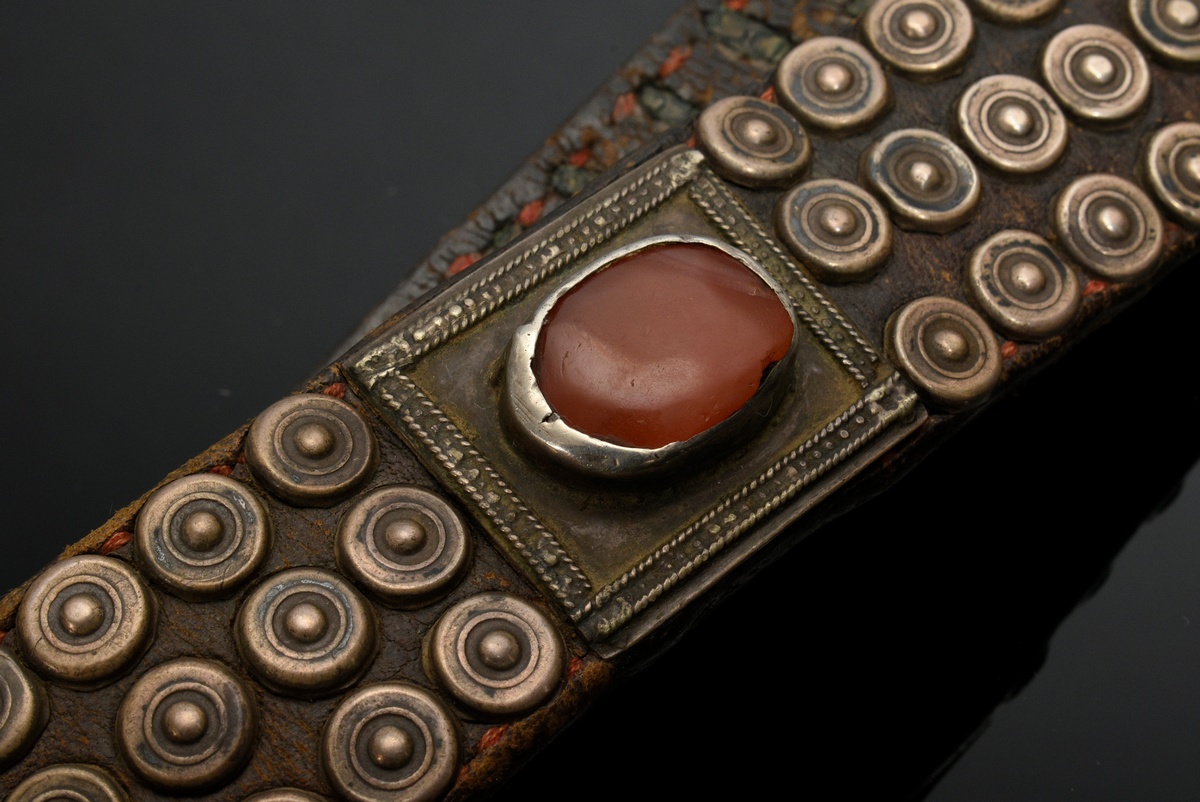 Tekke Turkmen horse necklace, leather band with circular silver rivets and rectangular carnelian-se - Image 5 of 6