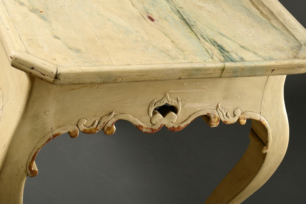 Baroque tea table with octagonal top and carved frame of C and S curves on curved legs, brightly co - Image 3 of 7