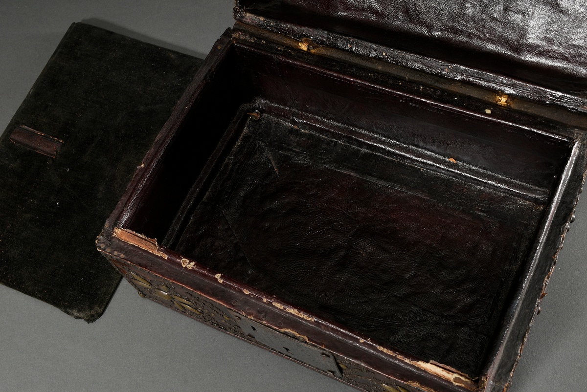 Antique leather casket with nailed decoration on the body and steel fittings, inside florally hallm - Image 11 of 14