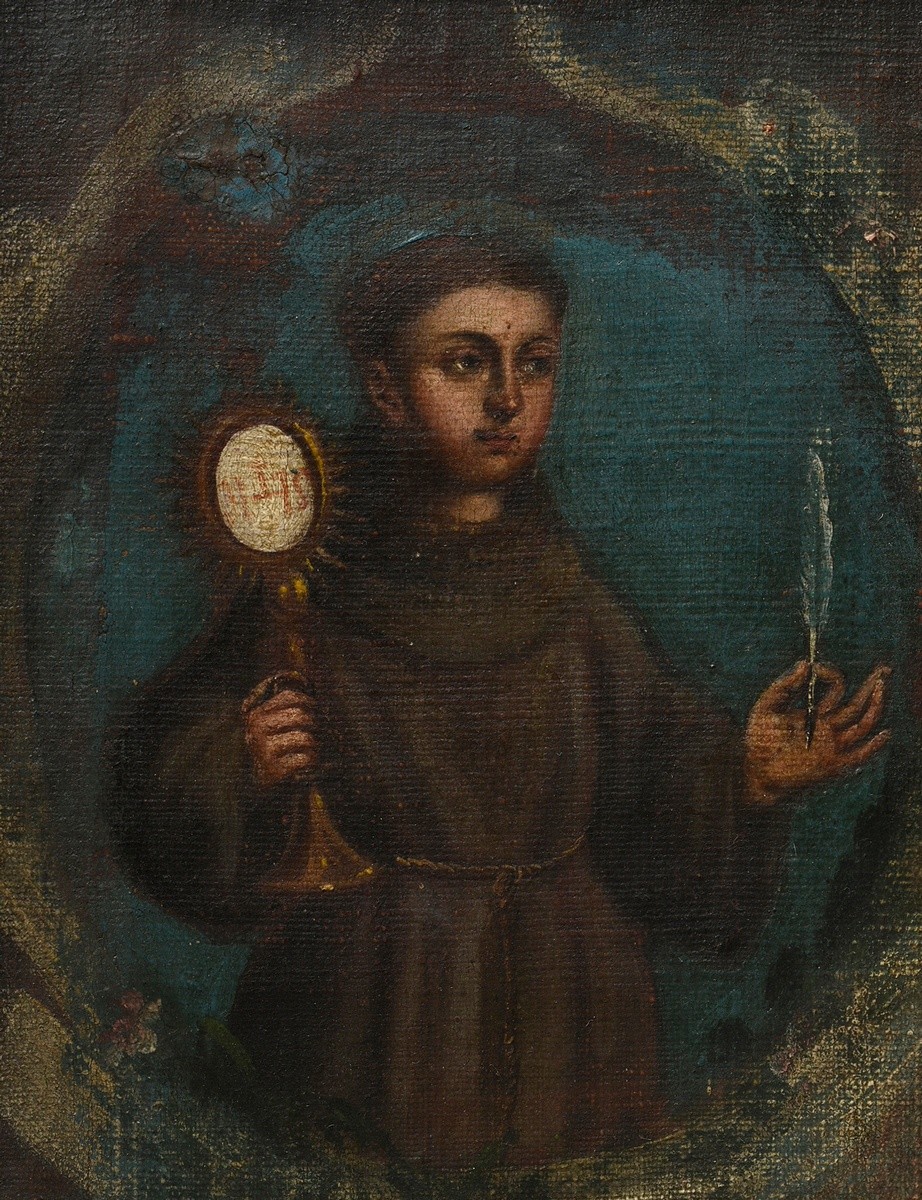 4 Small South American paintings of saints "Saint Anthony, Saint Bernadino of Sienna, Saint Thomas  - Image 3 of 10