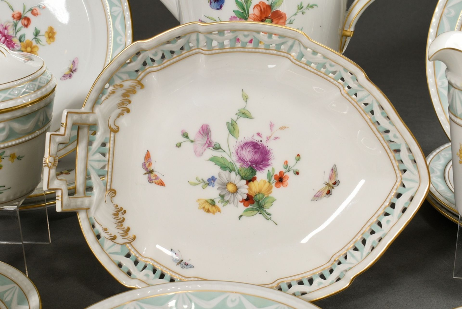 15 Pieces KPM coffee service "Kurland" with flowers and insects, gold staffage and turquoise frieze - Image 7 of 10