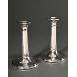2 Plain candlesticks on a round foot with wooden base plate, MM: William Devenport, Birmingham 1909