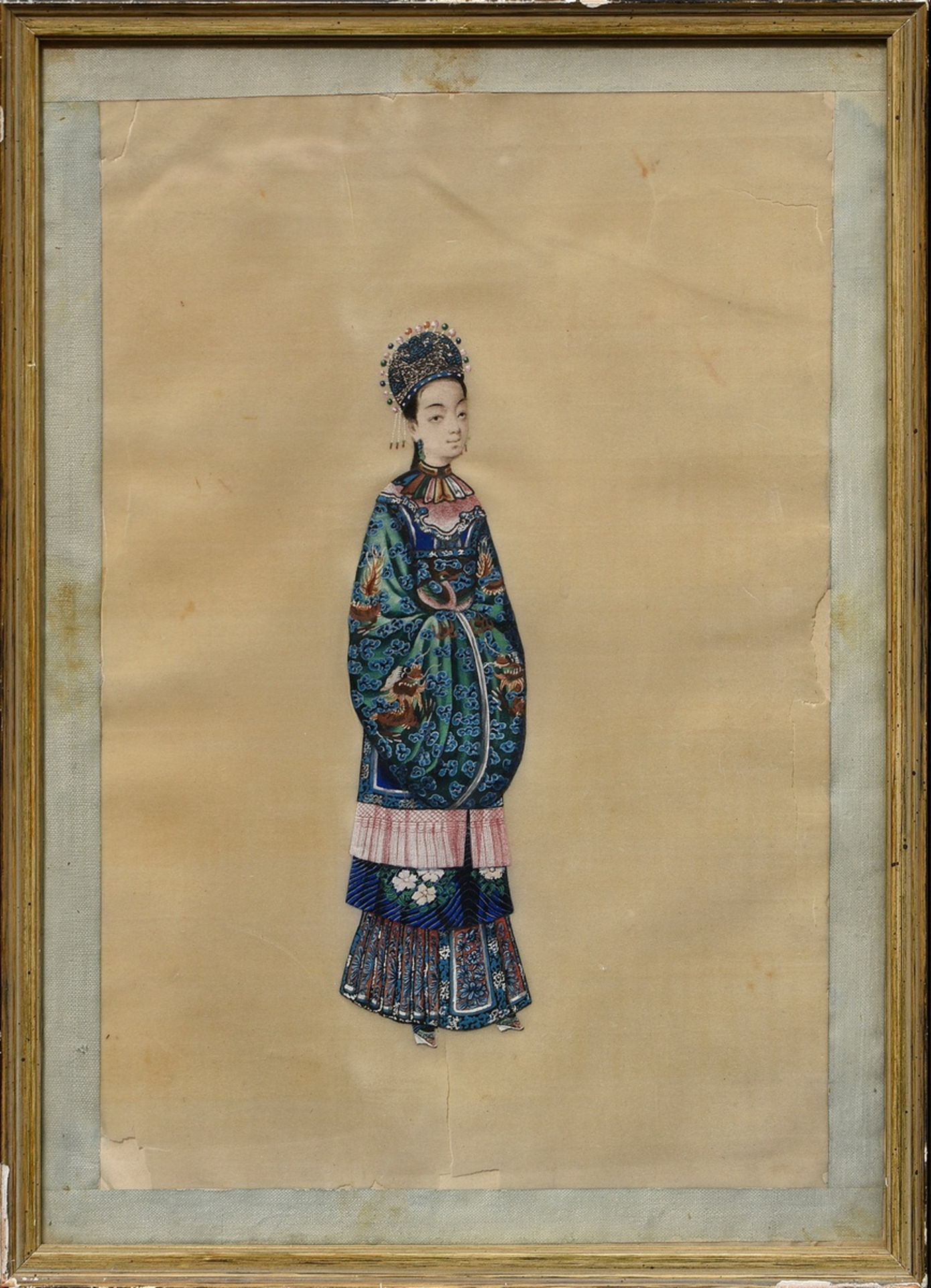 A pair of fine tsuso paintings "Mandarin and Chinese lady", gouache on marbled paper, Canton c. 183 - Image 2 of 7