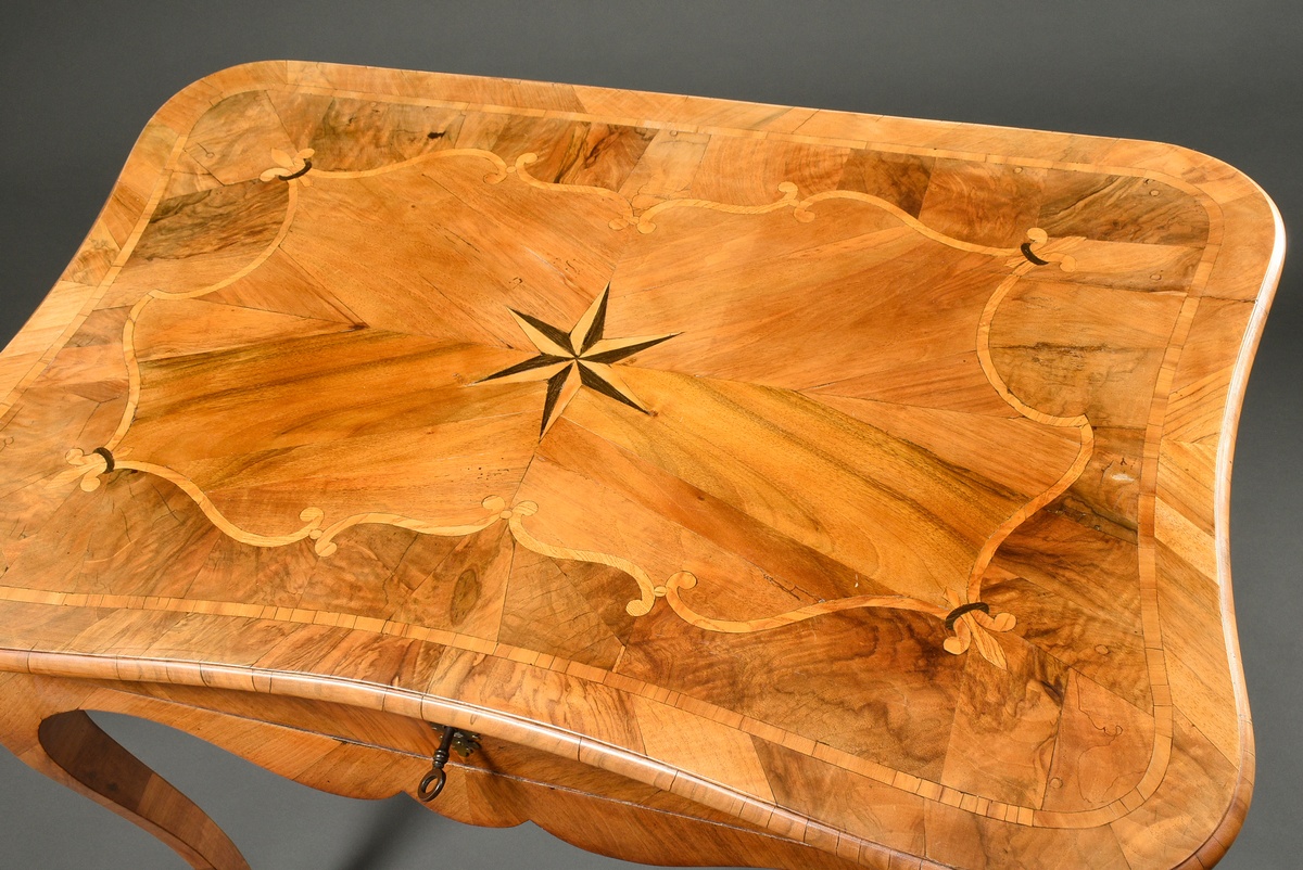 Elegant Baroque ladies desk on curved legs with star inlay on the top and drawer in cambered frame, - Image 3 of 5