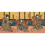 Utagawa Kunisada (1786-1865) "Kabuki Scene with Ashikaga Yoshihisa", woodblock prints, triptych, (l