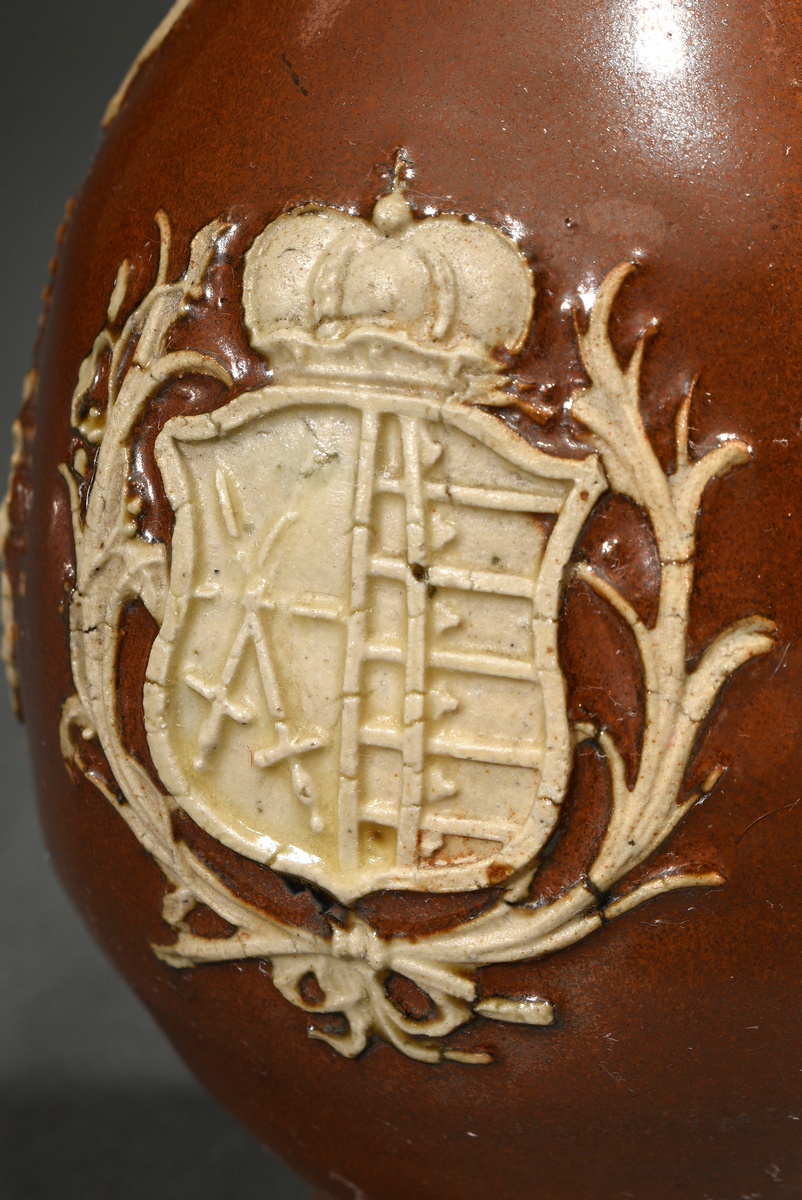 A large Bunzlau jug with Saxon coat of arms, egg shape over simple stand, funnel-shaped neck with p - Image 5 of 6