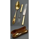 3 Pieces of antique travelling cutlery in a hallmarked leather case, consisting of: knife and fork 