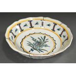 Rural faience bowl with polychrome hot fire colour painting ‘flower’ and wavy rim, h. 9cm, Ø 31cm, 