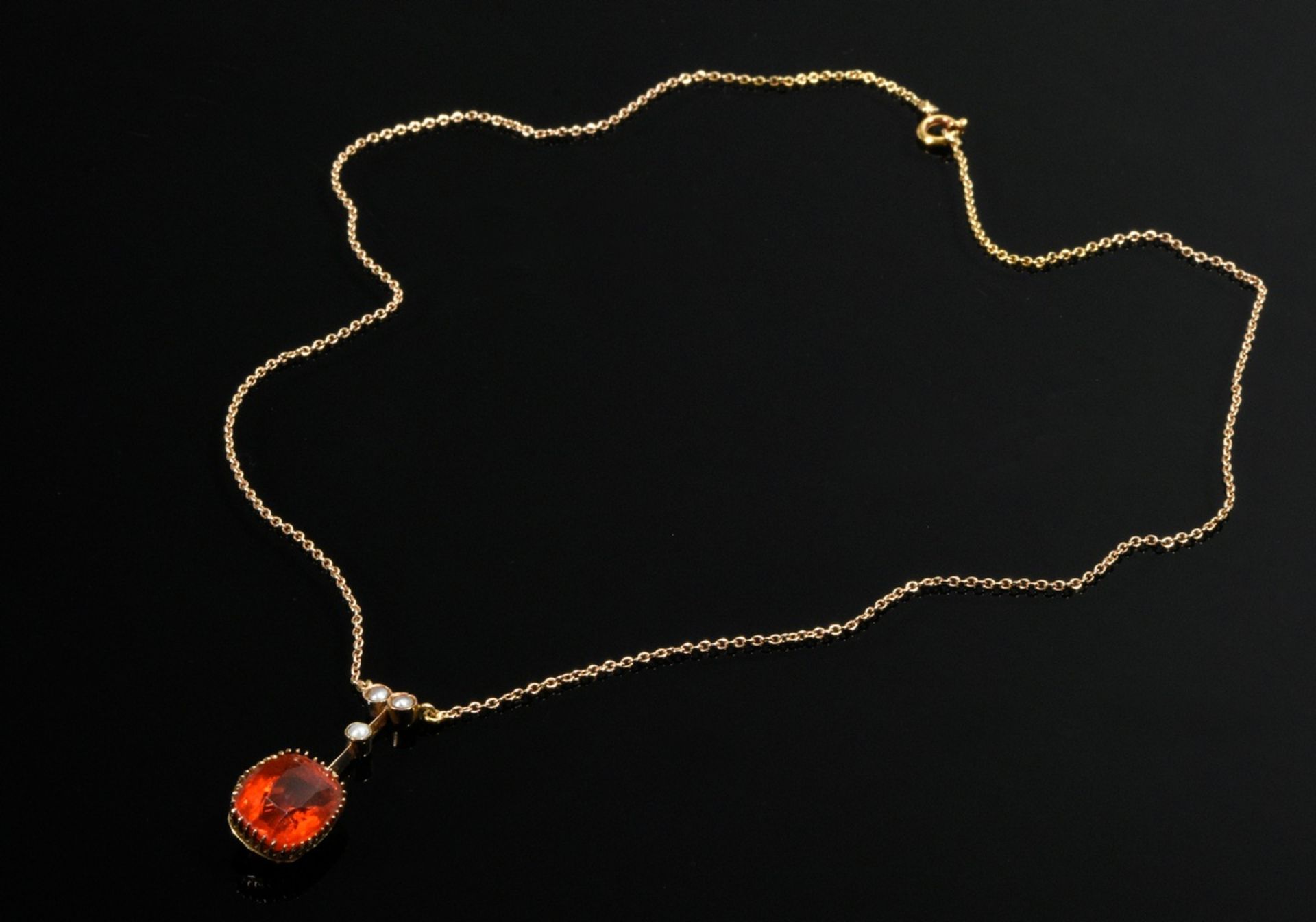 Delicate rose gold 585 necklace with fire opal bar pendant (approx. 5ct, l. 3cm) and small seed pea - Image 2 of 3