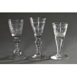 3 various baroque shot glasses with engraved sayings ‘Vergänglich’, ‘Nur allein’ and ‘Mit jeden Tro