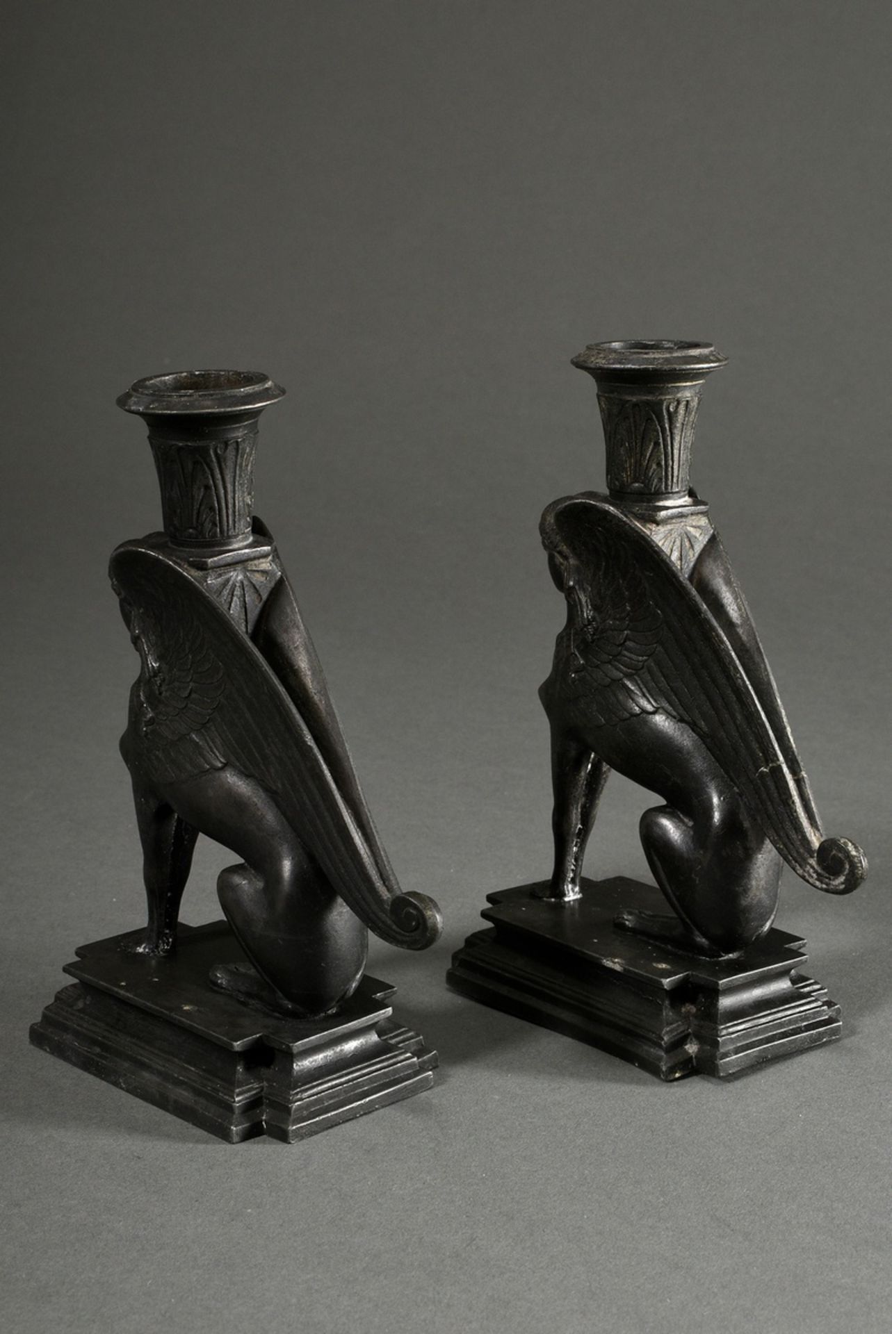 Pair of iron ‘Spinx’ candlesticks in classicist façon on angular pedestals, 2nd half 19th century,  - Image 3 of 4