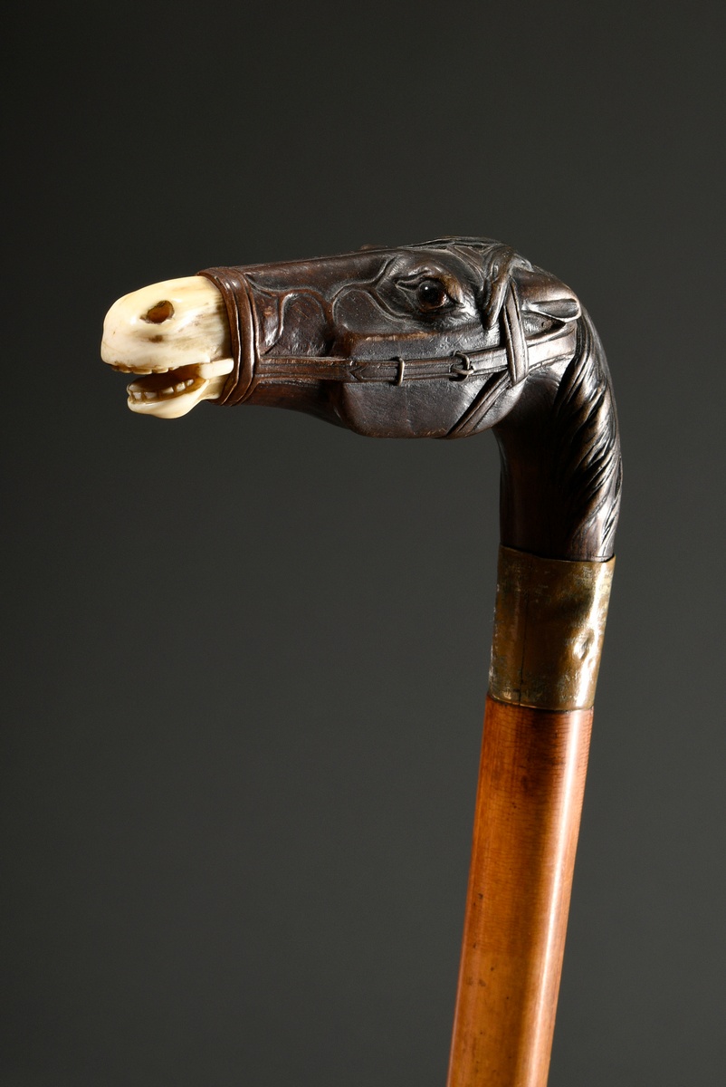 Walking stick with finely carved crutch ‘horse head’, boxwood with glass eyes and ivory mouth, bras