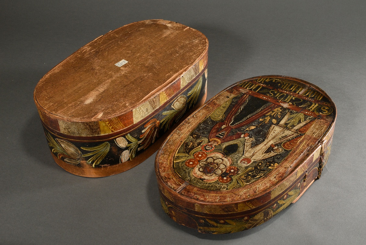 Antique bonnet box "Liebespaar" and inscription "Die Liebes Hand macht ...", 18th century, chipwood - Image 7 of 9