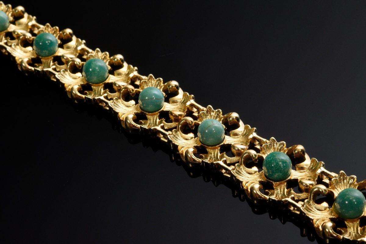 Vintage yellow gold 585 bracelet with greenish turquoise beads in ornamental settings, 48g, l. 18.5 - Image 3 of 4