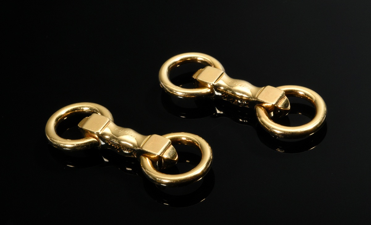 Elegant pair of Cartier yellow gold 750 snaffle cufflinks, signed/numbered, engraved, 11.8g, l. 35x - Image 2 of 2