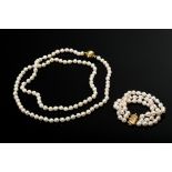 2 Pieces of jewelry made of baroque cultured pearls: three-row bracelet with rectangular yellow gol