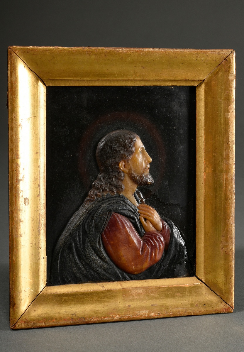 Coloured wax relief "Christ" in gilded frame, painted in colour, 19th century, 18.5x16cm, small def