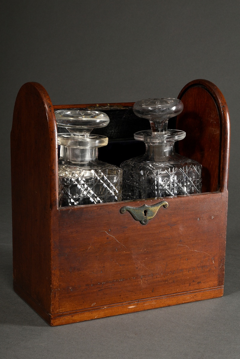 Mahogany casket with roll-up lid, interior with velvet lining and two angular Baccarat-cut carafes, - Image 2 of 5