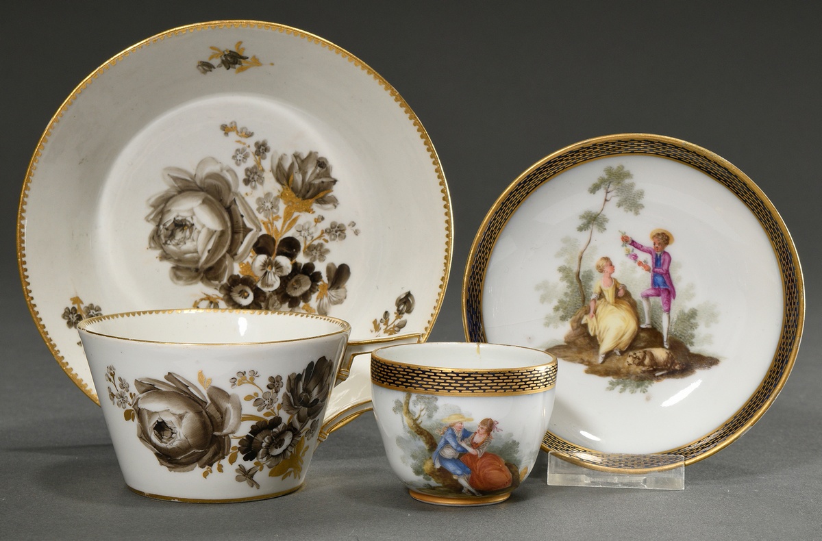 2 Various Meissen cups: 1 Marcolini teacup/ saucer with angular handle and grisaille painting with 