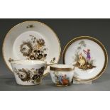 2 Various Meissen cups: 1 Marcolini teacup/ saucer with angular handle and grisaille painting with 