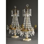 Pair of 3-light prismatic chandeliers with marble base and shaft and brass mounting in Louis XVI fa