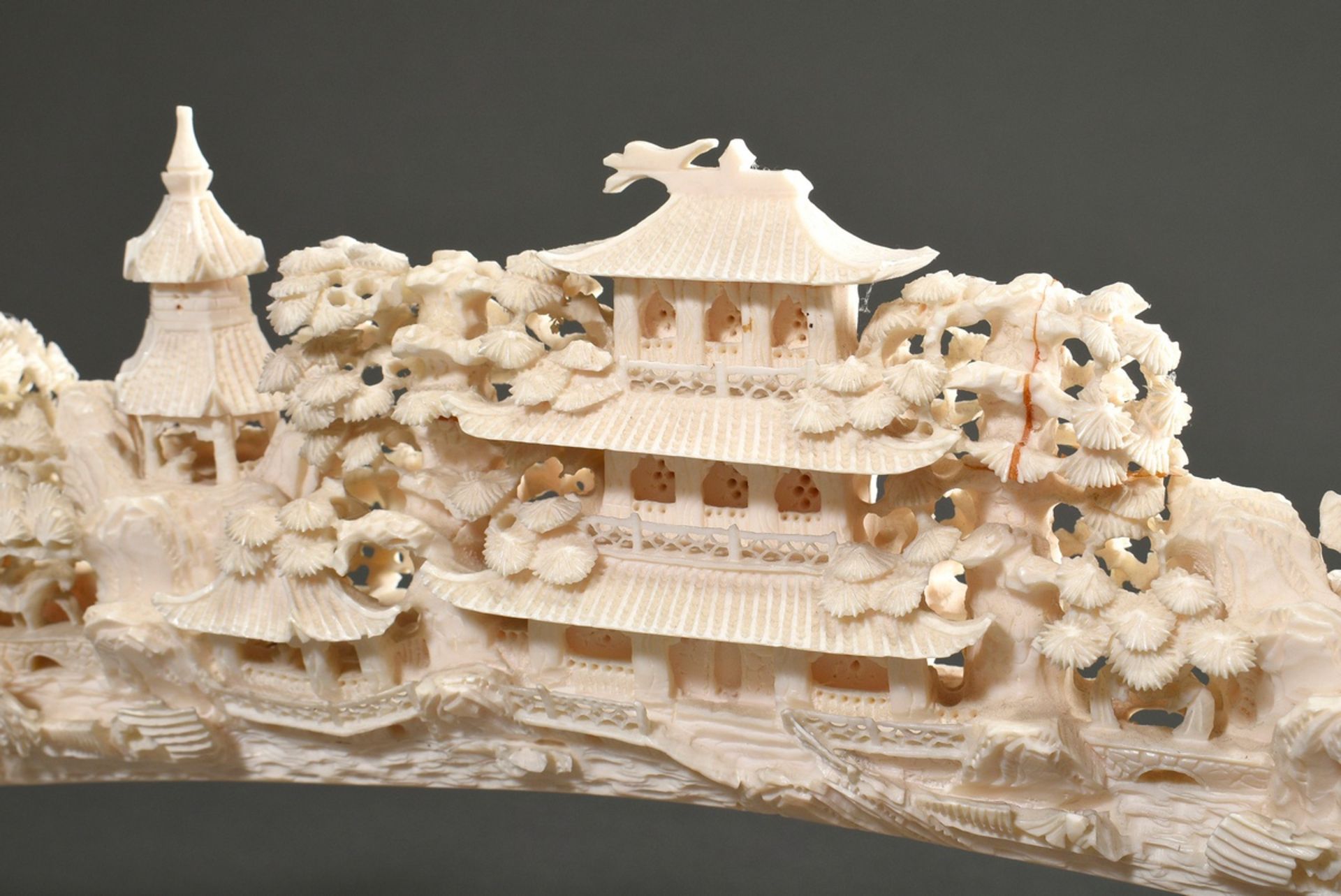 Richly carved ivory tooth "Landscape with pagodas, trees and people" on a carved and patinated wood - Image 5 of 13