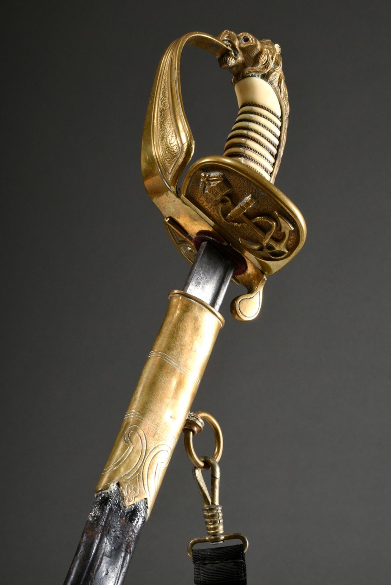 Prussian lion head sabre for the navy, bright damascus blade, maker's mark "W.K.&C." and two marks,