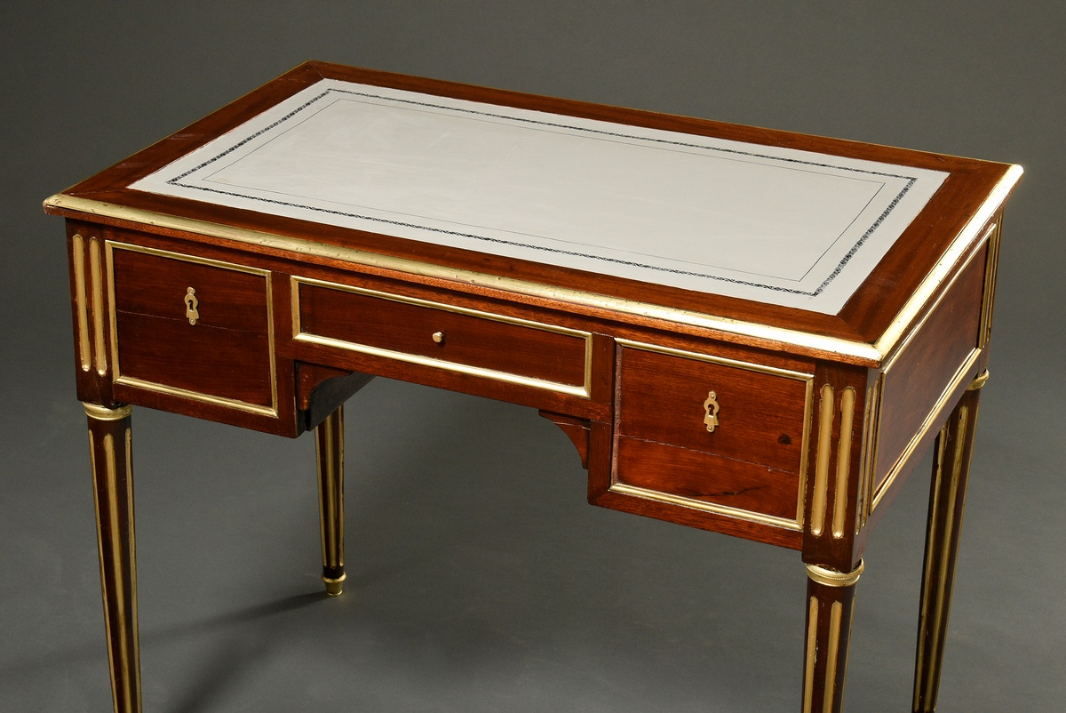 Classicist lady's desk with 3 drawers in the frame on fluted legs, mahogany with gilded brass inlay - Image 4 of 5