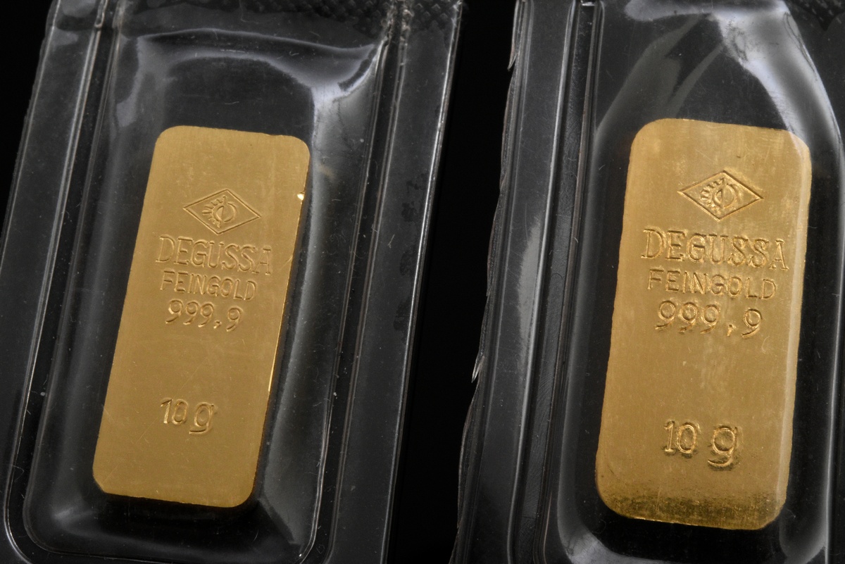 4 Various Degussa yellow gold 999.9 bars, total 40g, 2.4x1.1cm - Image 4 of 4