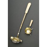 2 Various pieces Biedermeier tea strainer and punch bowl with carved and turned bone handles, silve