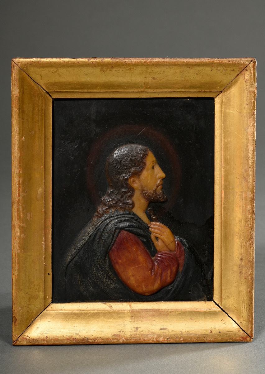 Coloured wax relief "Christ" in gilded frame, painted in colour, 19th century, 18.5x16cm, small def - Image 2 of 5