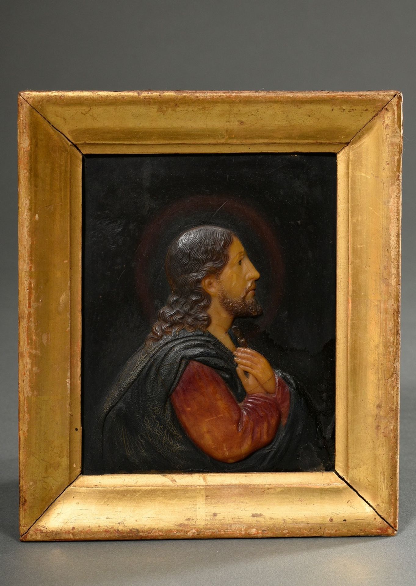 Farbiges Wachsrelief "Christus" in vergoldeter Rahmung, farbig bemalt, 19.Jh., 18,5x16cm, kleine De - Bild 2 aus 5