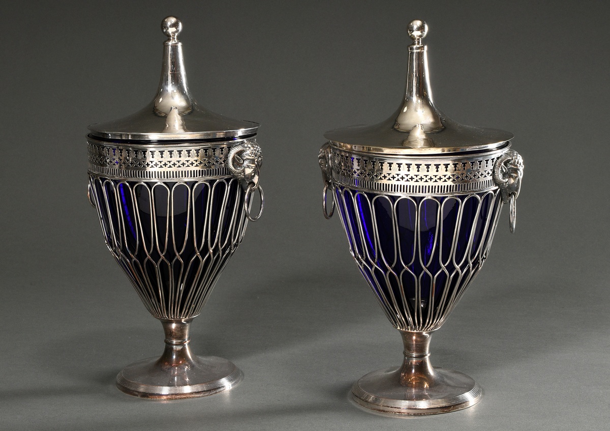 A pair of large silver-plated lidded vases with lattice bodies and sculptural trestle heads and blu - Image 2 of 8