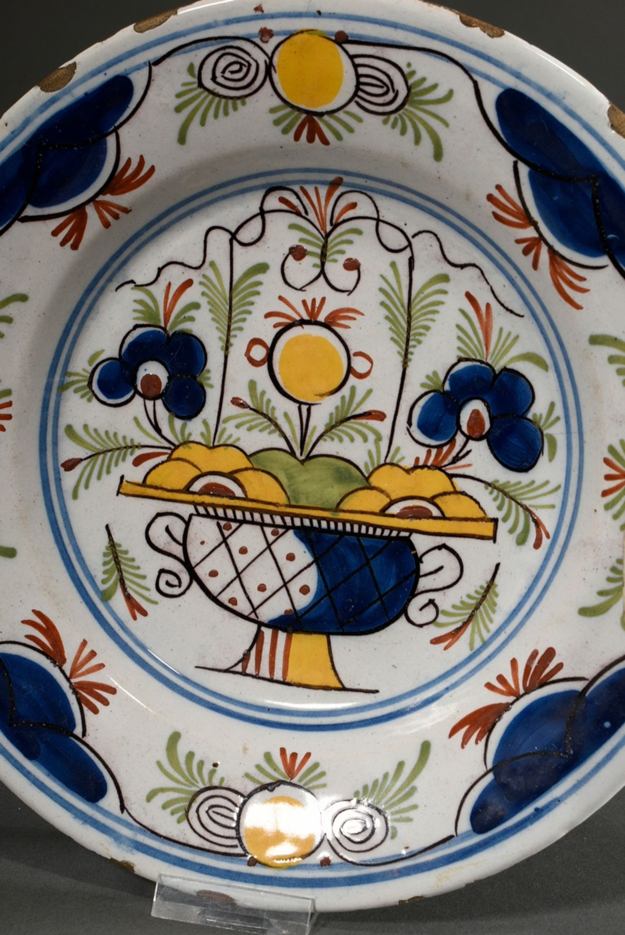 3 Small Dutch faience plates with polychrome slip painting ‘Chinoiserie’ and ‘Flower vases’, Delft  - Image 10 of 11