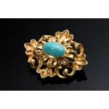 Midcentury yellow gold 585 needle with turquoise cabochon in ornamental setting, 10.8g, 3x3.5cm
