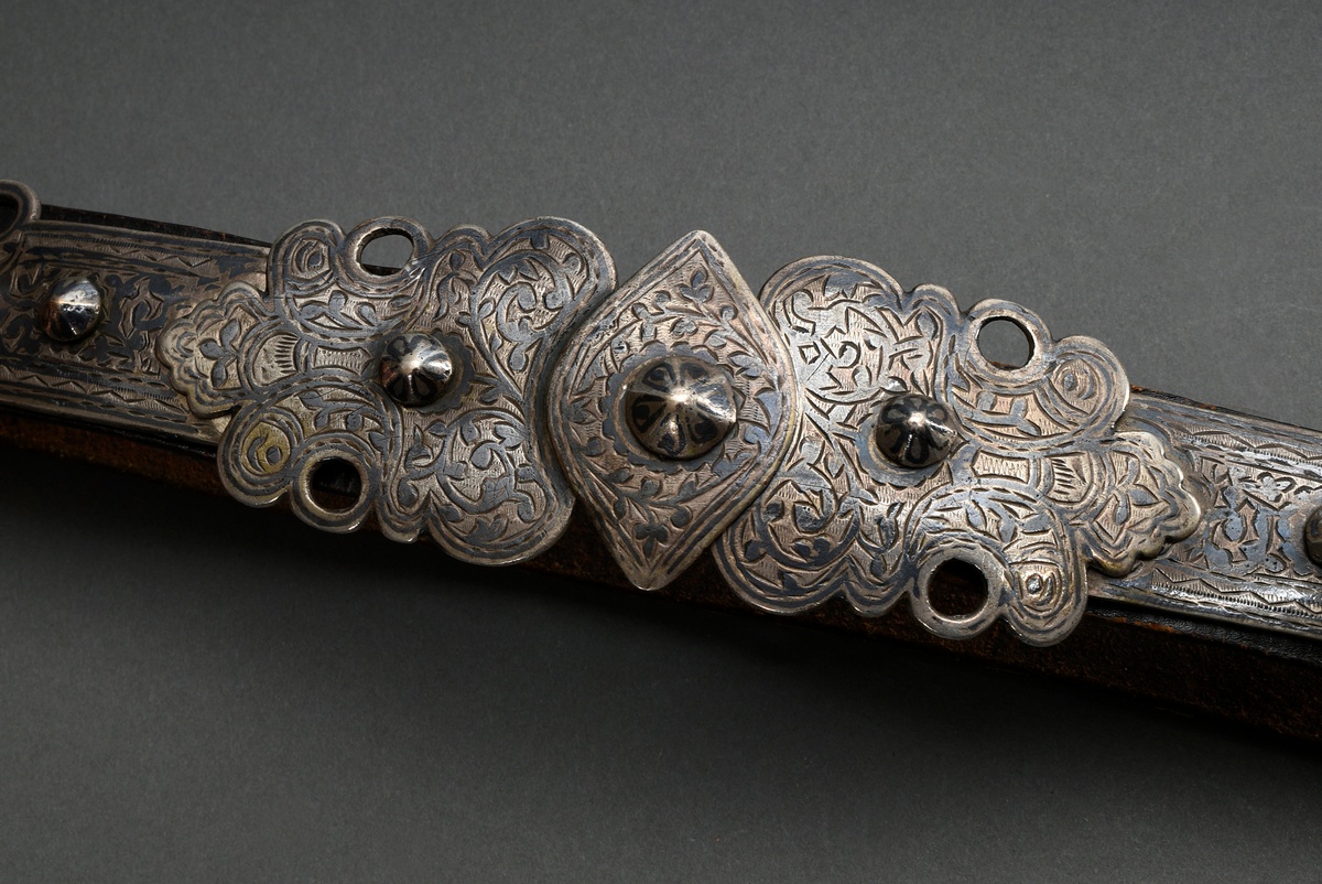 Caucasian belt with tendril decoration in niello work as well as chasing and rivets on the buckle,  - Image 2 of 5