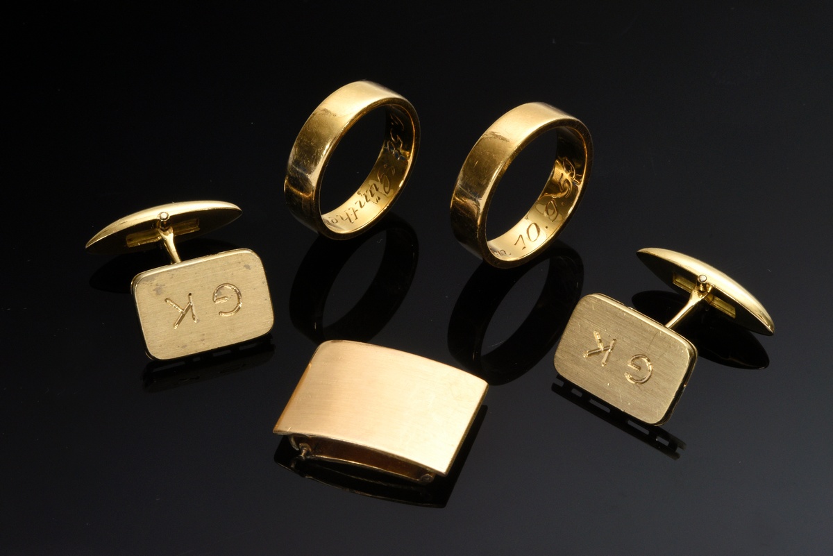 5 pieces yellow gold 750 jewelry: 2 wedding rings (size 53/55), pair of cufflinks with engraving "G