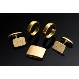 5 pieces yellow gold 750 jewelry: 2 wedding rings (size 53/55), pair of cufflinks with engraving "G