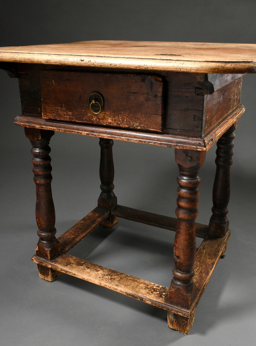 Baroque kitchen table on turned baluster legs with drawer and bar connection, softwood partially st - Image 3 of 5