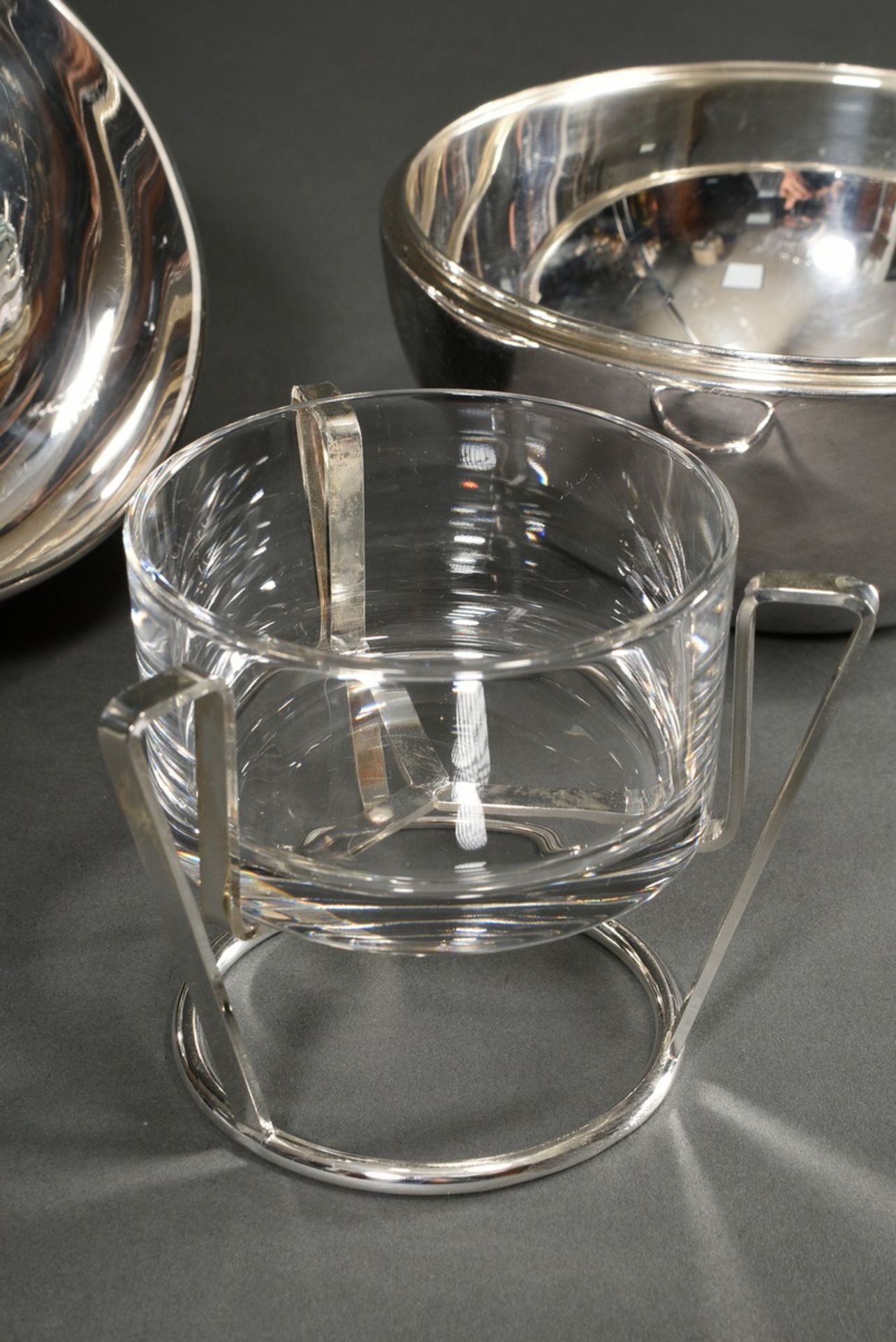 Kugelförmige Midcentury Kaviardose mit Glaseinsatz, Motto Italien, Metall versilbert, H. 18cm, Ø 17 - Bild 5 aus 7
