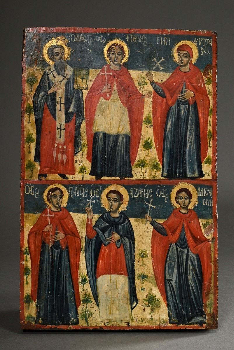 Griechische Ikone "Sechs Heilige", Anfang 19.Jh., Eitempera/Kreidegrund auf Holz, 43x28cm, Alterssp - Bild 2 aus 9