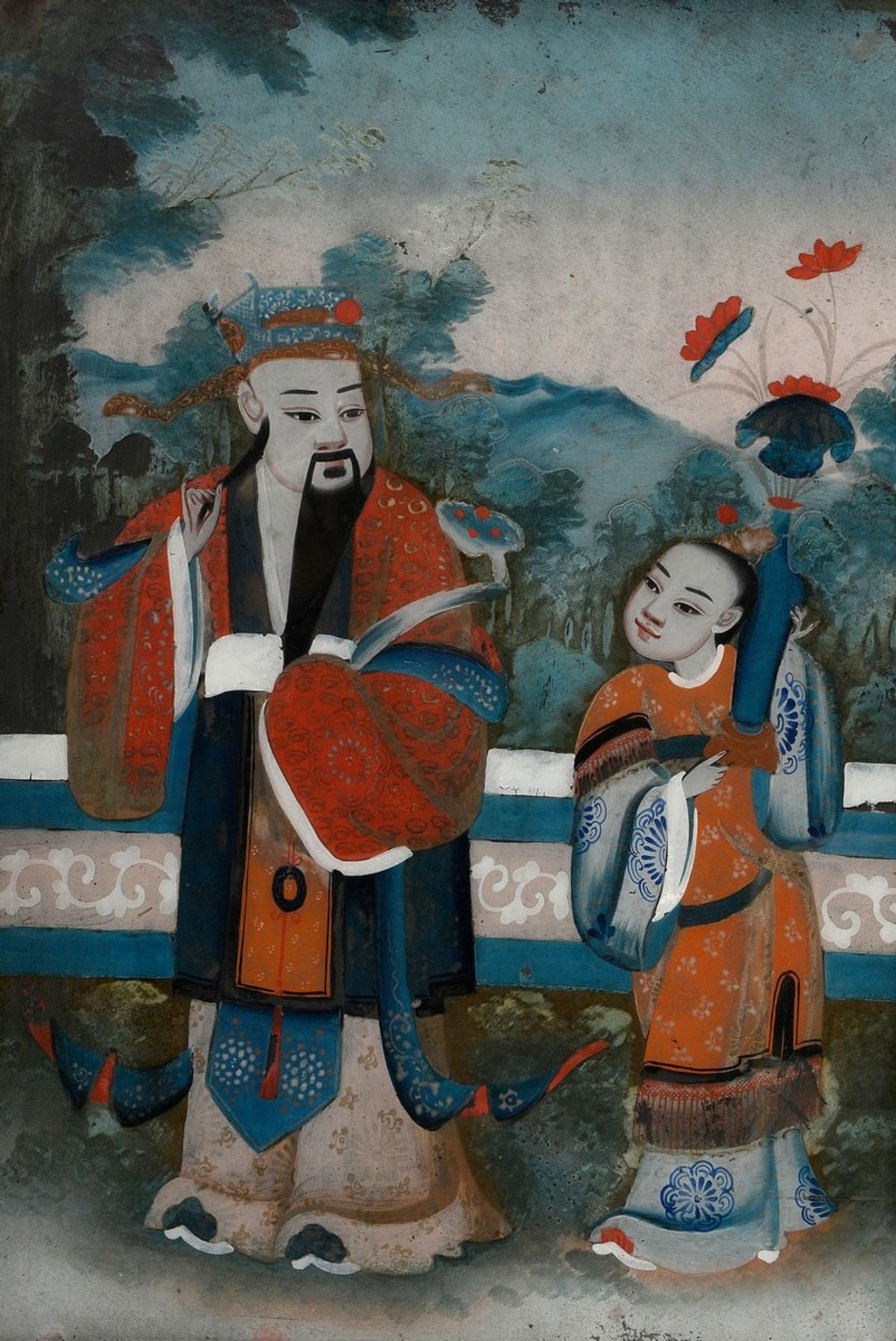 Chinesische Hinterglasmalerei "Mann und Frau in Gartenlandschaft",  19.Jh., verso beschriftet, 50x3 - Bild 2 aus 5