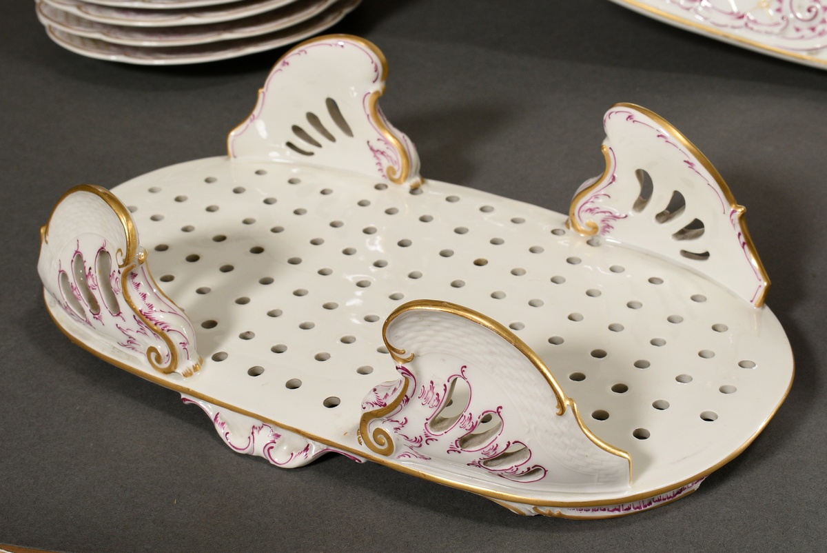 69 Pieces KPM dinner service in Rococo form with purple and gold staffage, red imperial orb mark, c - Image 16 of 22