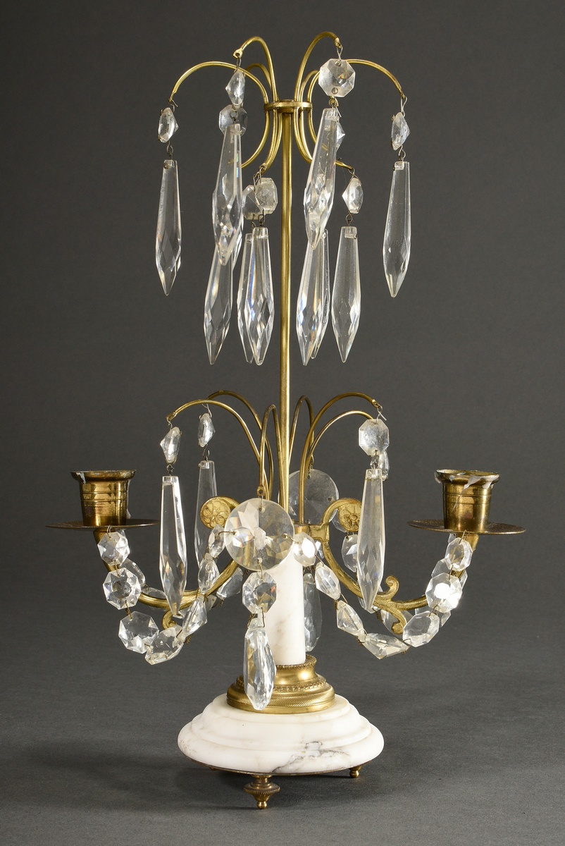 Small Gustavian table chandelier with marble base and shaft and prism pendant on brass mount, Swede