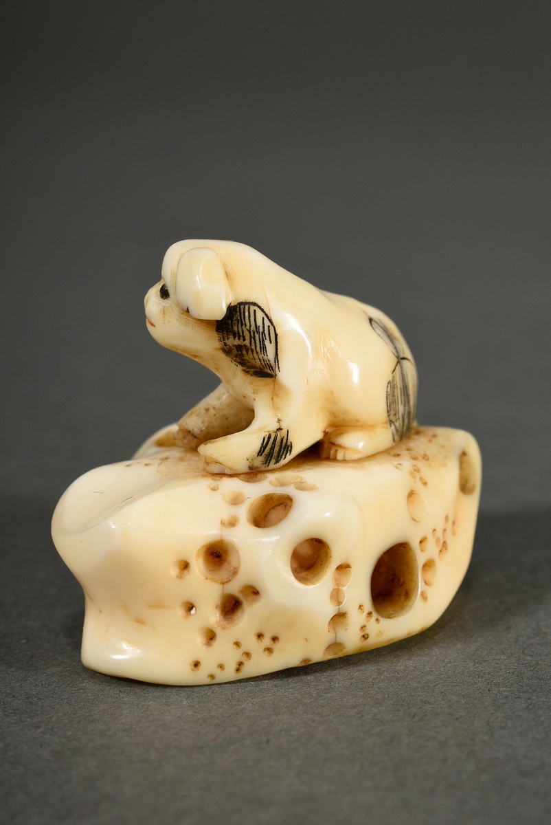 2 Diverse Teile Hirschhorn Netsuke und Tierzahn Ojime: "Welpe auf löchrigem Felsen" mit eingelegten - Bild 5 aus 10