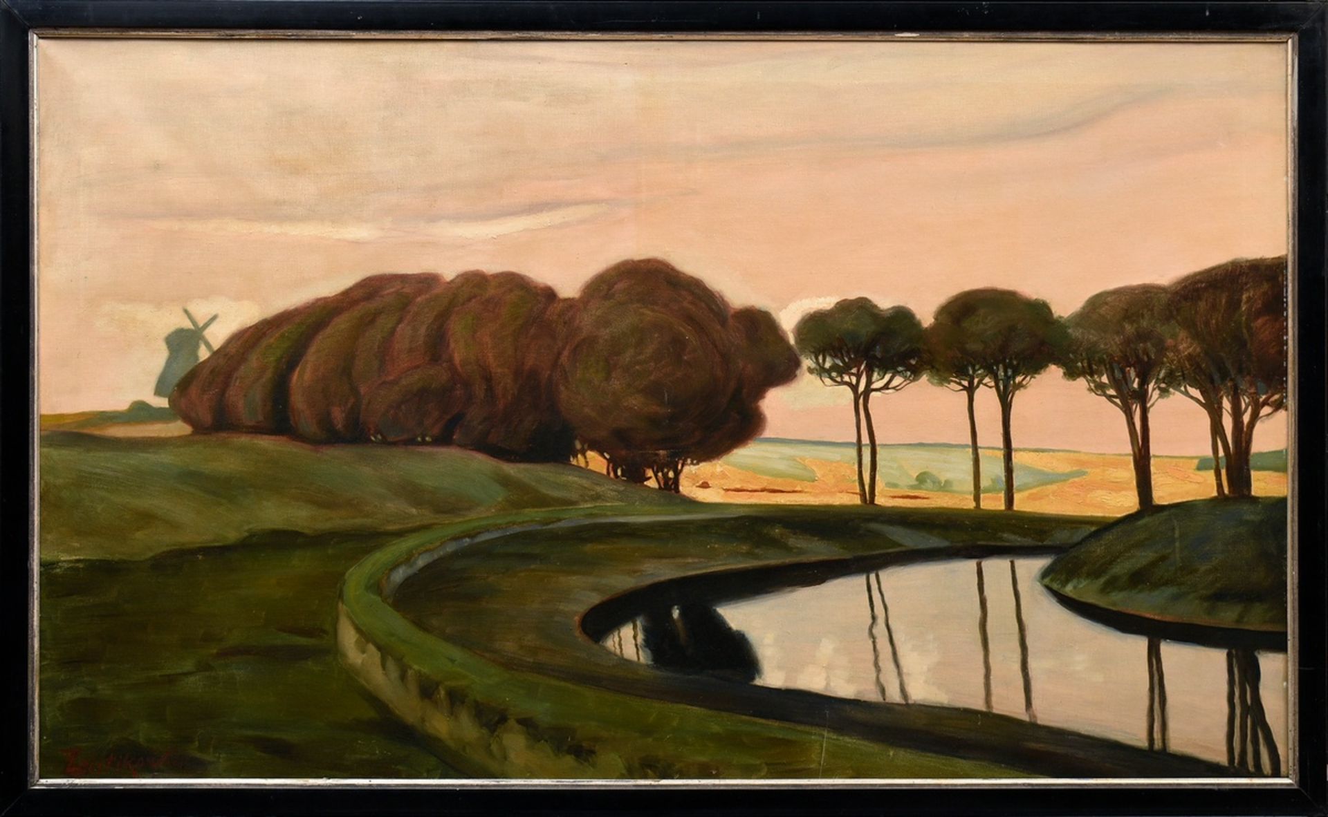 Leistikow, Walter (1865-1908) "Landscape with tree avenue and canal", oil/canvas, sign. b.l., 91x15 - Image 2 of 4