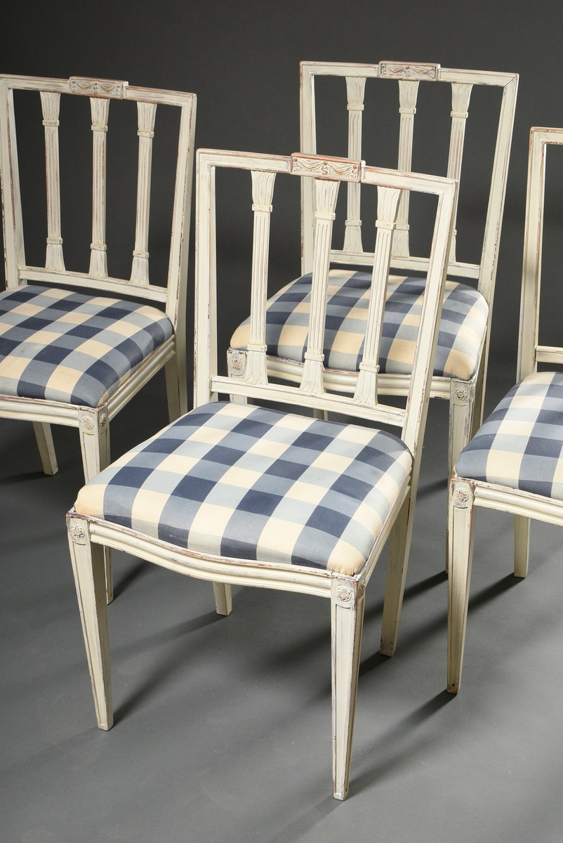 4 Swedish chairs in Gustavian style with 3 pilasters in the backrest, around 1900, light grey paint