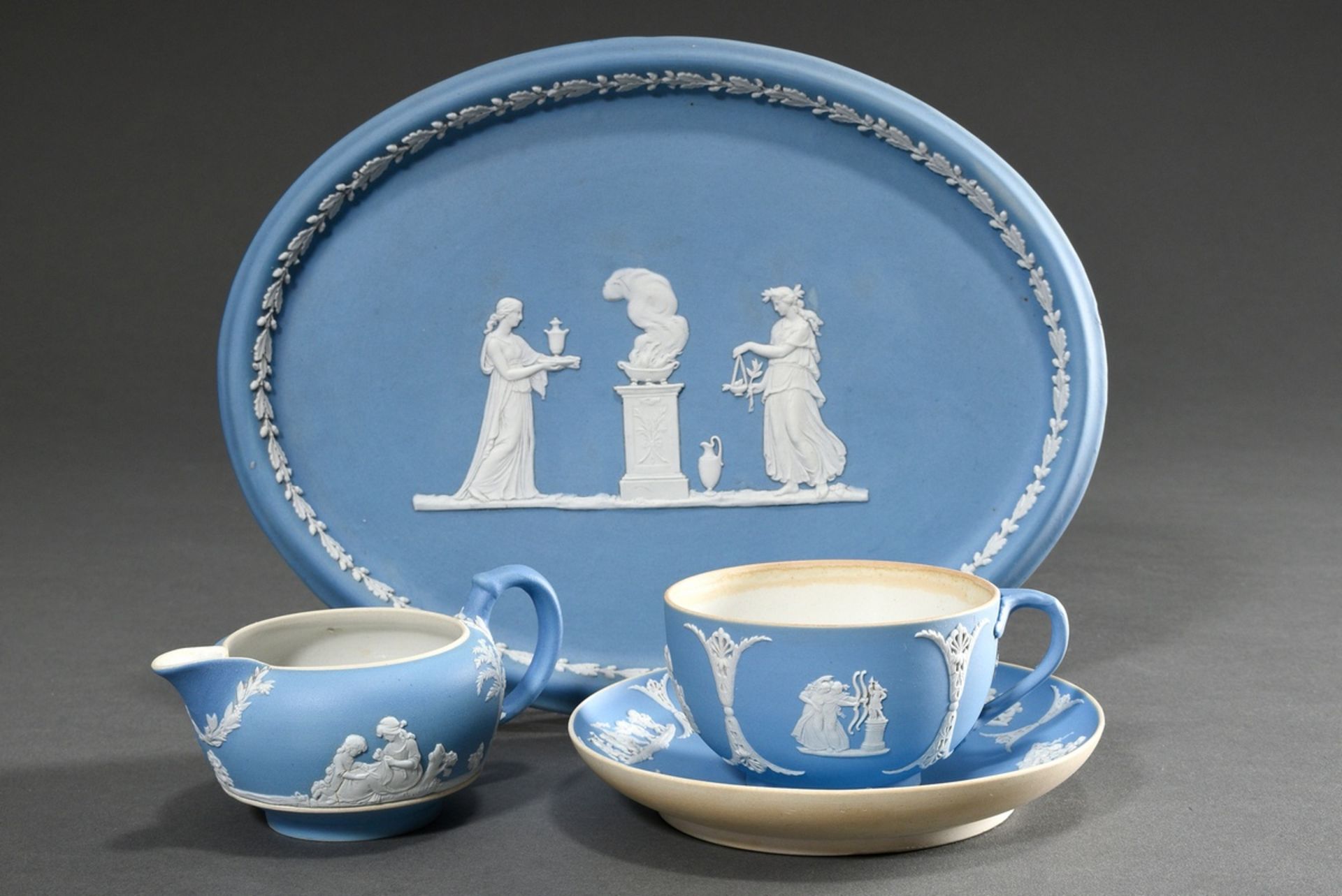 3 Various pieces of Wedgwood Jasperware Solitaire with classic bisque porcelain reliefs on a light 